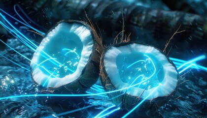 Two Halves of a Coconut Illuminated by Blue Light in Water