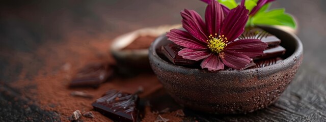 Canvas Print -  A tight shot of a bowl filled with chocolates A flower adorns the center, while a few more chocolate pieces surround the edges