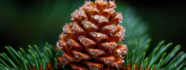 Wall Mural -  A tight shot of a pine cone on a pine tree, adorned with dewdrops and surrounded by verdant needles