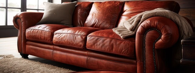 Poster -  A brown leather couch faces a window, its back draped in a blanket A rug covers the floor beneath