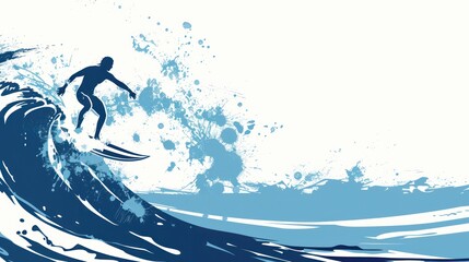 Wall Mural - Abstract Surfer silhouette on a blue wave with splatters.