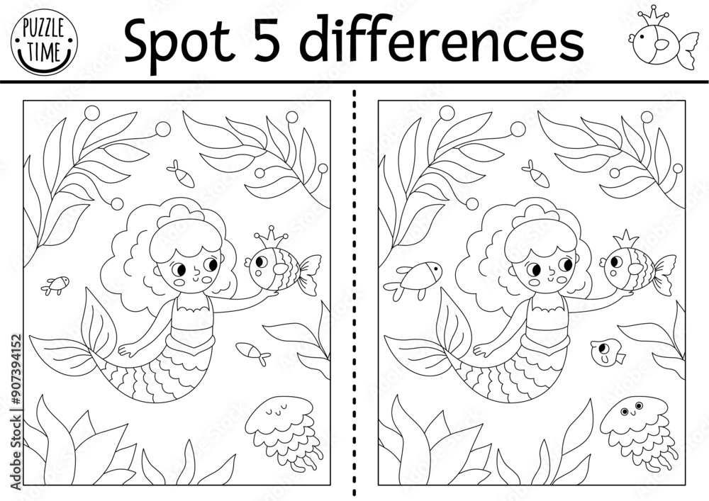 Find differences game for children. Mermaid black and white activity ...