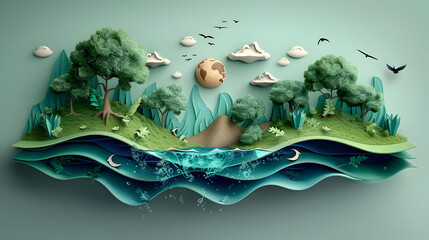 Sticker - Papercut Earth: Green Landscape, Blue Water