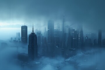 Sticker - A city skyline enveloped in mist and fog, creating a sense of mystery, AI generated