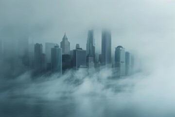 Sticker - Skyline of a city emerging from the clouds, a picturesque view from above, A city skyline enveloped in mist and fog, creating a sense of mystery, AI generated