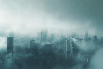 Wall Mural - Urban landscape visible above the clouds, blending nature and cityscape, A city skyline enveloped in mist and fog, creating a sense of mystery, AI generated