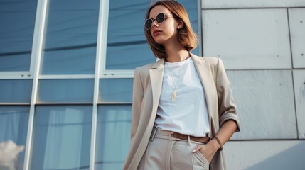 Woman in a modern, chic outfit with clean lines and simple accessories.