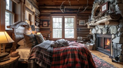 A bedroom with a rustic charm, featuring a log bed, plaid blankets, and a stone fireplace