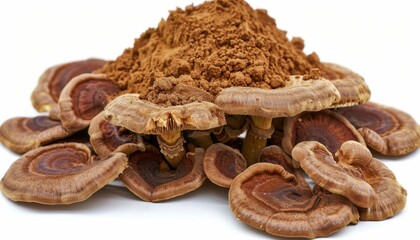 Dried Reishi Mushrooms and Powder on White Background