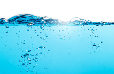 Wall Mural - Air Bubbles Float Up in Water. Water Wave, Water Splashing. Oxygen Relaxation. Blue Water Textured on White Background.