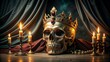© Wanlop - Majestic queen skull adorned with golden crown and jewels, surrounded by mysterious dark velvet drapes and eerie candlelight ambiance.