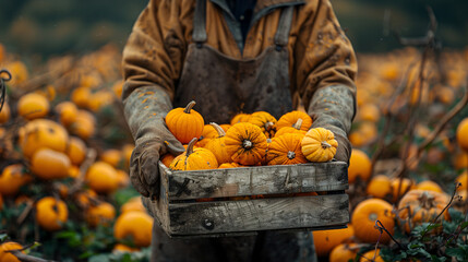 close up of a farmer holding a wooden crate box full of pumpkins on a blurred pumpkin patch field ba