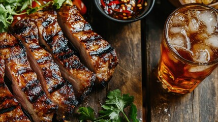 Wall Mural - Close-up of tender Asian grilled pork with a glass of chilled ice tea, beautifully arranged on a rustic wooden table