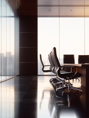 Poster - a minimalist scene of a boardroom with a presentation screen displaying a comparative analysis of he