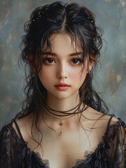 Wall Mural - A digital painting of a woman with long black hair