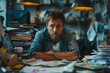 © Anna - Man with disheveled hair looks stressed while working late at a cluttered desk filled with papers and coffee cups.