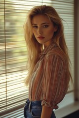 Wall Mural - A woman standing in front of a window with blinds