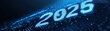 © GED - Abstract 2025 Happy New Year digital web banner template in futuristic glowing polygonal style on dark blue background.illustration