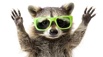 Wall Mural - A raccoon wearing green sunglasses is holding its paw up in the air