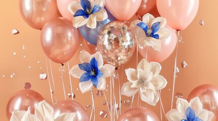 Wall Mural - Soft peach background, vintage pink and cream balloons, rose gold flake glitter. Shiny plastic artificial flowers in blue and white.