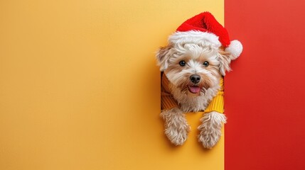 Canvas Print - A dog wearing a Santa hat is peeking out from a hole in a wall