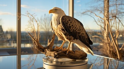 Wall Mural - Bald Eagle sitting on the top of a pedestal in a museum  