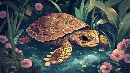 Wall Mural - A vertical picture of a turtle in the middle of the forest