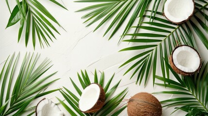 Wall Mural - Tropical green palm leaves and coconuts on white background with space for text