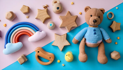 Aufkleber -  Cute Wooden Baby Toys on Pink and Light-Blue Background- Description- Knitted bear, rainbow_1(108)