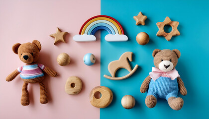 Aufkleber -  Cute Wooden Baby Toys on Pink and Light-Blue Background- Description- Knitted bear, rainbow_1(110)