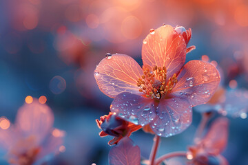 Wall Mural - A pink flower with shimmering water droplets resting on its petals, highlighting its beauty and freshness in nature.