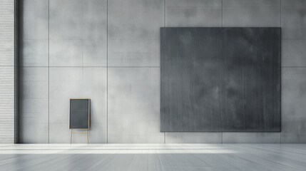 Wall Mural - A large black painting hangs on a wall in a room with a white floor