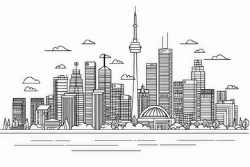 Wall Mural - Thin line style city Illustration of urban landscape street, Toronto skyline city office buildings, Outline cityscape panorama on white background