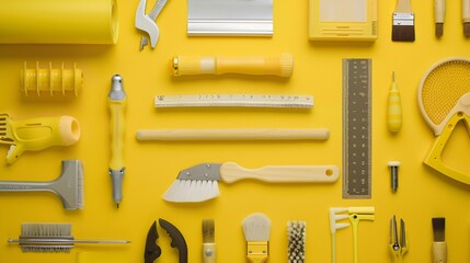 Wall Mural - Tools and materials for home renovation laid out on a bright yellow background