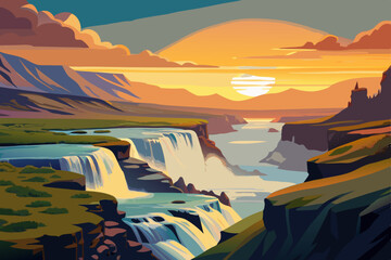 Wall Mural - illustration of river with waterfall seen