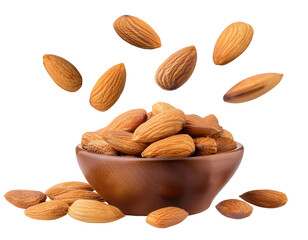 A bowl of delicious almonds with some nuts falling, showcasing their natural brown color and texture, perfect for healthy snacks. Isolated on a white or transparent background.