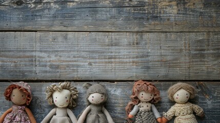 Wall Mural - Top view of dolls on a wooden background with space for text