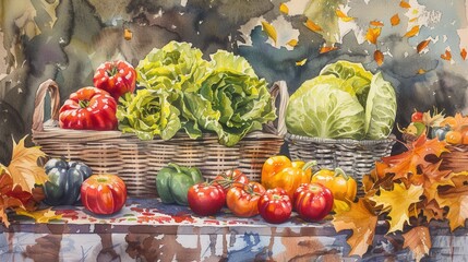 Aufkleber - A still life watercolor painting depicting a harvest of fresh vegetables in woven baskets. The scene is set against a backdrop of autumn leaves, adding to the feeling of a bountiful harvest.