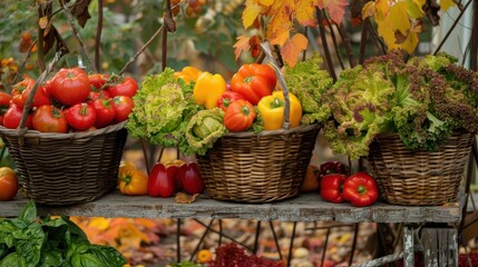 Aufkleber - A rustic wooden table displays three wicker baskets, each overflowing with a different type of fresh produce. The first basket holds bright red tomatoes, the second is filled with yellow peppers and g