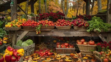 Aufkleber - A wooden table laden with baskets of fresh produce is displayed outdoors in the autumn. The table is covered in fallen leaves. The baskets contain various fruits and vegetables, including red and yell