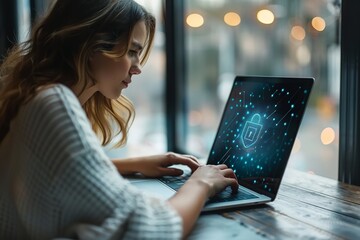 A woman with a laptop displays a privacy lock. Generative Ai