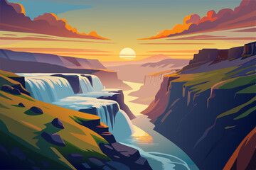 Canvas Print - The sun sets over a river and waterfall in Iceland