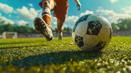 Soccer player controlling the ball with his foot, ready to pass to a teammate, with the soccer field stretching out behind him