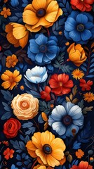 Vibrant, multicolored floral pattern featuring various types of flowers against a dark background.