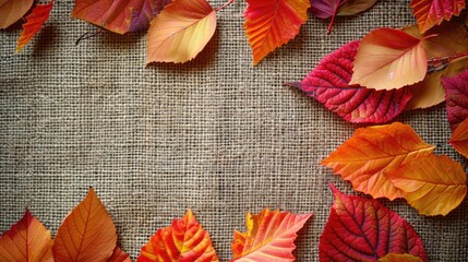 Canvas Print - Vibrant fall foliage on burlap with space for text Autumn theme