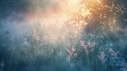 morning mist hovering grassy meadow with soft light dawn illuminating scene