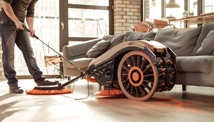 Modern office cleaning, electric sweeper in use, daylight, high key color grading, warm tones, minimalism, cinematic light.