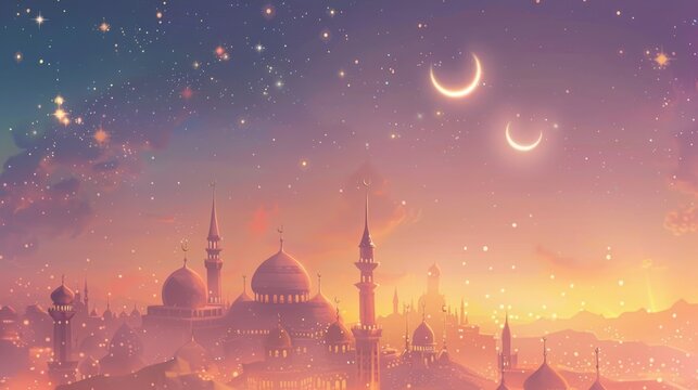 Soft Eid Mubarak hues with crescent moons and stars, providing a serene and tranquil visual.