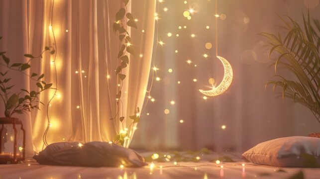 Soft Eid Mubarak hues with crescent moons and stars, providing a serene and tranquil visual.