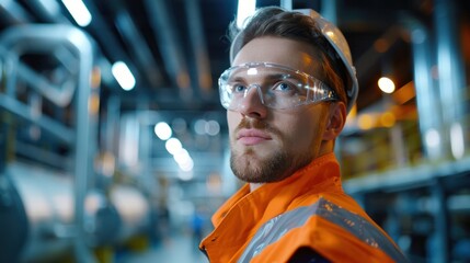 Wall Mural - Engineer in a reflective vest and safety glasses, conducting a safety inspection at a manufacturing plant.